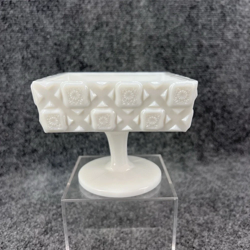 Westmoreland Old Quilt Milk Glass Footed Pedestal Candy Dish No Lid 4-1/8